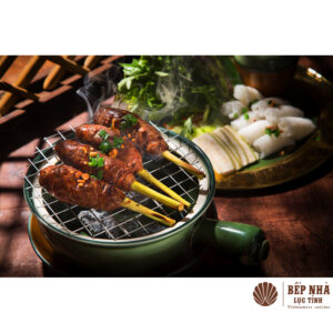 Grilled Beef on Lemongrass Skewers, Served with Rice Paper and Wild Vegetables